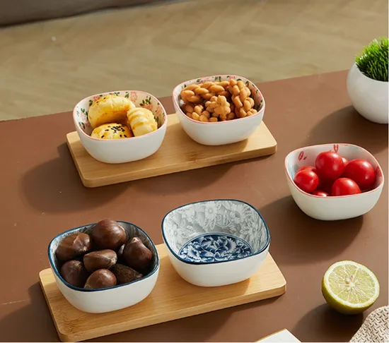 Elegant Ceramic Dipping Bowls Set with Bamboo Serving Tray