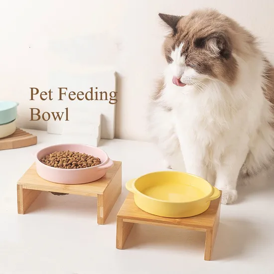 Wholesale Non Spill Double - Ear Ceramic Pet Bowl Dog and Cat Feeding Bowl with Bamboo Stand