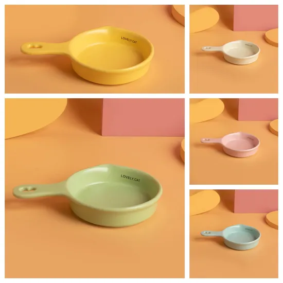 Flat - Bottomed Ceramic Pot Cat Bowl Slow - Feeding Bowl Drinking Bowl with Handle and Bamboo Stand
