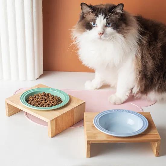 Ceramic Pet Bowl Dog Cat Food Water Bowl / Plate with Bamboo Wooden Stand