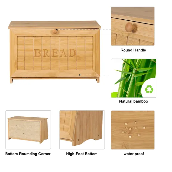 Bamboo Bread Box Food Storage Organizer Box for Countertop