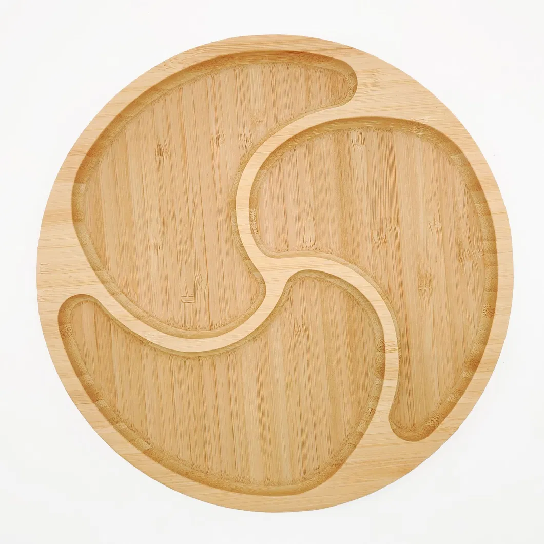 Creative Tableware Round Bamboo Partitioned Plate for Tea Snacks/Pastries/Fruit/Children's Meal and Breakfast
