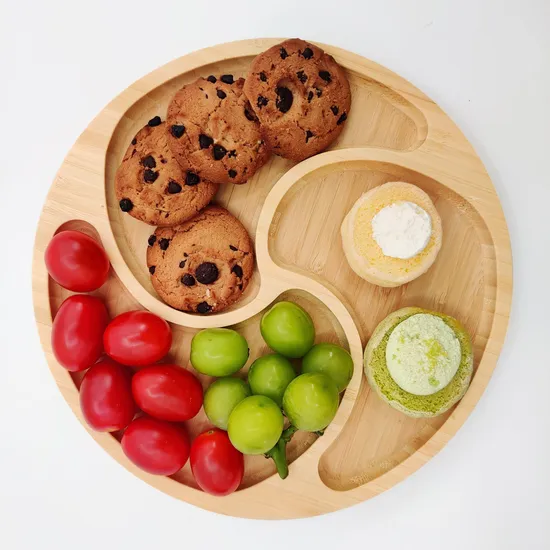 Creative Tableware Round Bamboo Partitioned Plate for Tea Snacks/Pastries/Fruit/Children's Meal and Breakfast