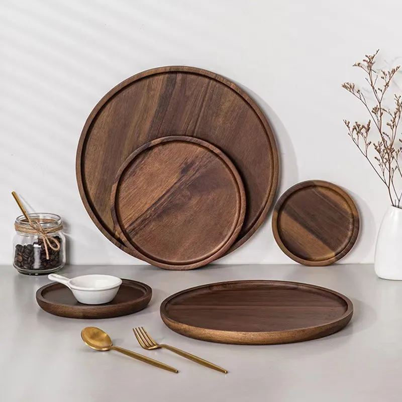 Round Acacia Wooden Nuts Fruit Snack Appetizer Serving Tray Plate