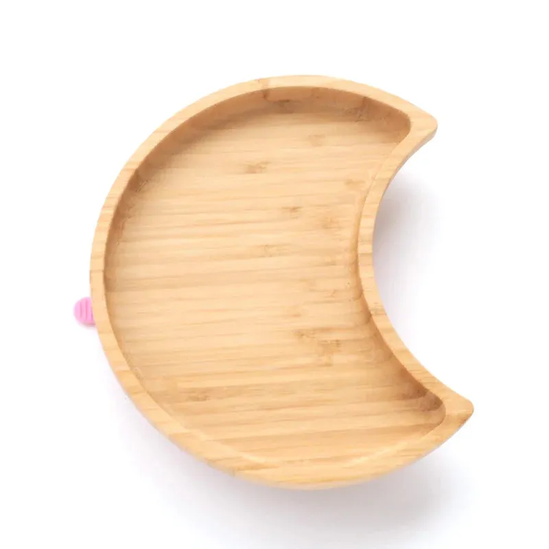 Manufacture Moon Shaped Bamboo Baby Food Plates with Suction