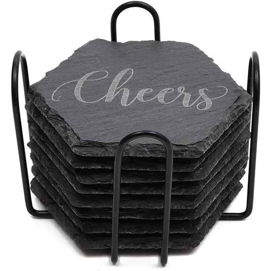 Custom Engraved Round Slate Cup Coasters with Bamboo Holder for Personal Gifts