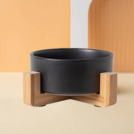 Ceramic Pet Dog Cat Bowl with Bamboo Wooden Base