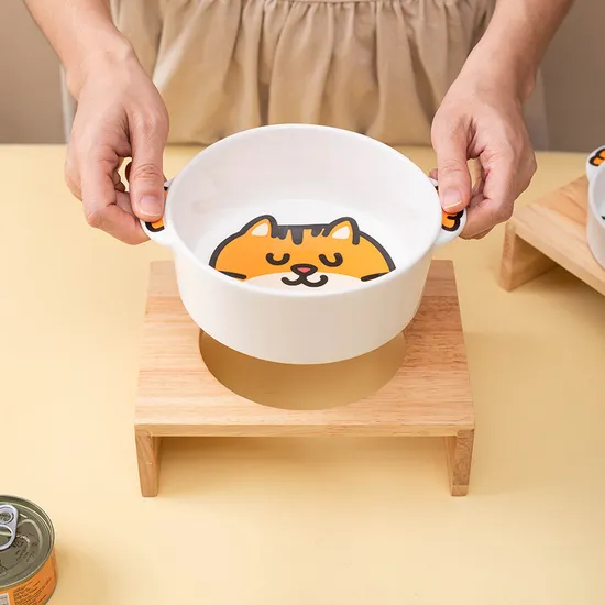Korean Style Ceramic Dog Bowl and Cat Food Bowl with Magical Animal Double - Ear and Bamboo Stand