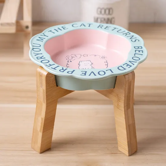 Flower - Edge Ceramic Cat Bowl Dog Food Bowl Feeding Bowl with High Wooden Rack