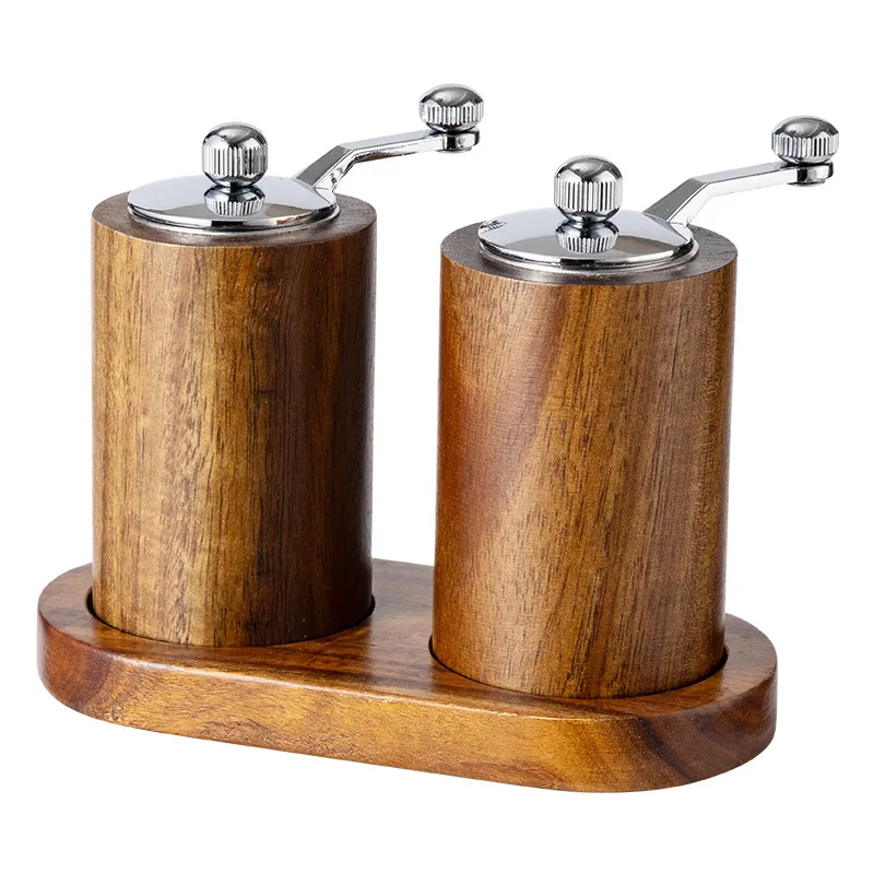 Hand-Cranked Acacia Wood Pepper Grinder Vase with Tray
