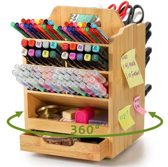 360° Rotating 15-Compartment Bamboo Pen Holder Organizer Cosmetic Organizer Shelf