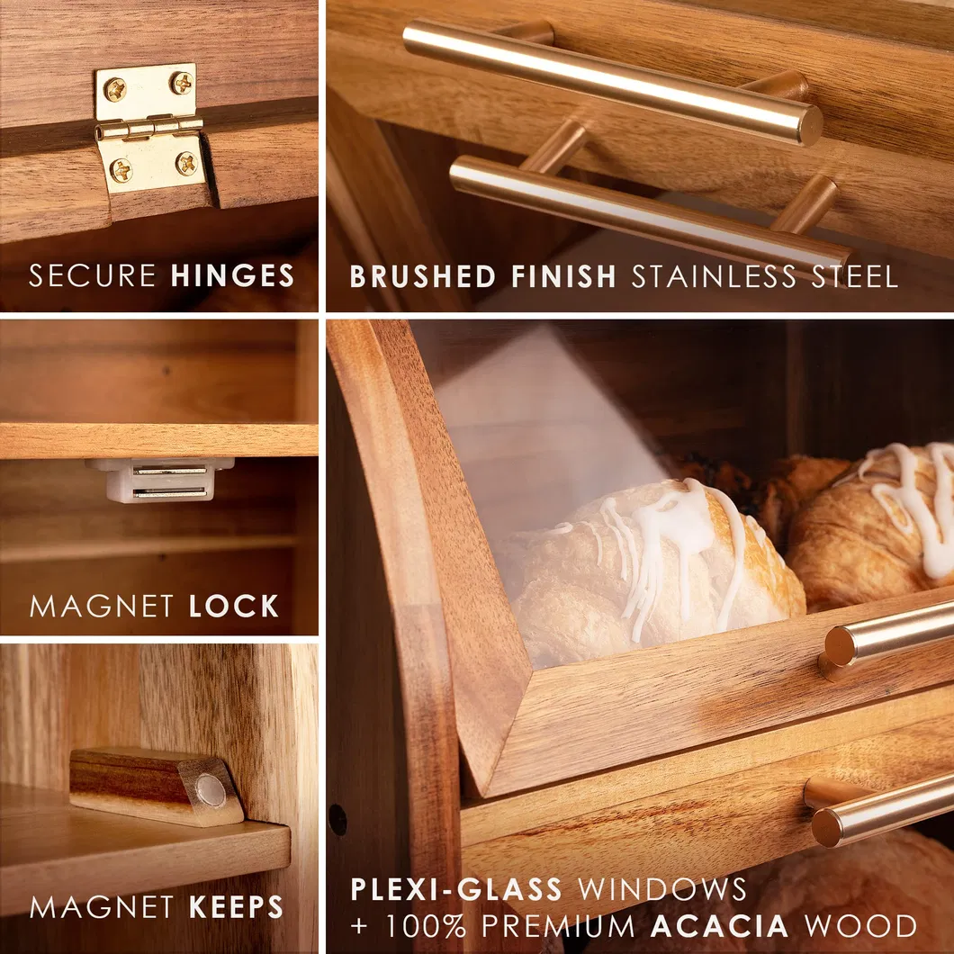 Large Double Acacia Wooden Bread Box Container Storage for Kitchen