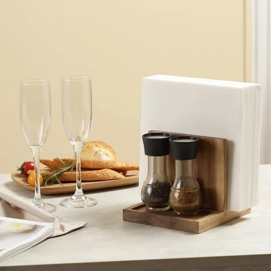 Natural Napkin Holder Stand with Salt Pepper Caddy Restaurant Lunch Organizer
