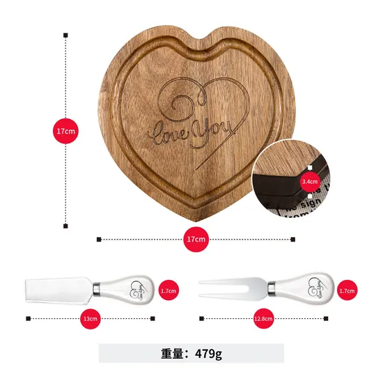 Heart Shape Wooden Cheese Server Tray /Board with Knife Set
