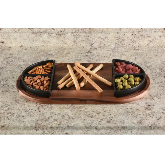 Acacia Cheese Board Serving Tray with 4 Ceramic Bowls