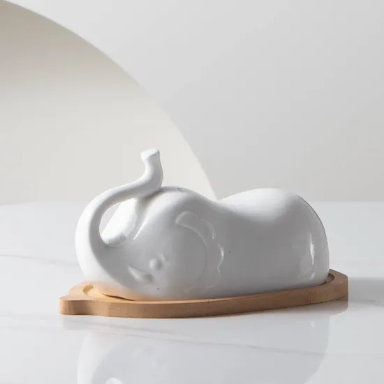 Bamboo Butter Dish with Elephant Shape Ceramic Lid for Countertop Kitchen