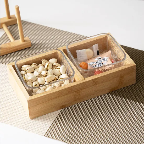 2 Divided Square Glass Bowl with Bamboo Tray Set for Serving Dry Fruits and Snacks