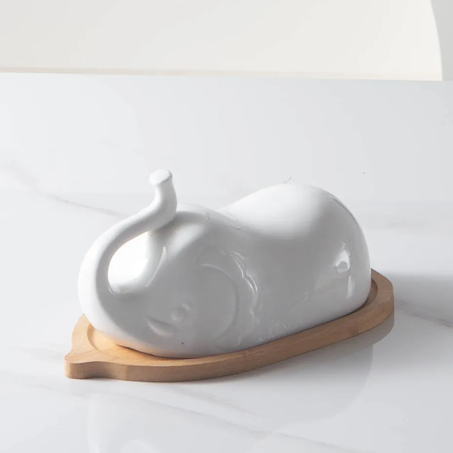 Bamboo Butter Dish with Elephant Shape Ceramic Lid for Countertop Kitchen