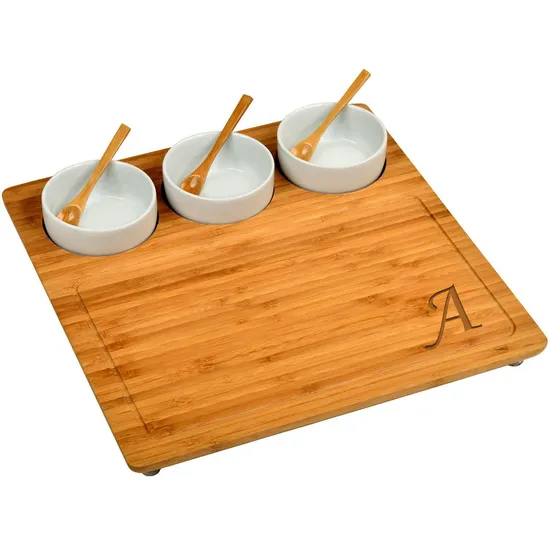 13 Inch Bamboo Cheese Board/Charcuterie Platter with 3 Ceramic Bowls with Bamboo Spoons & Cheese Markers