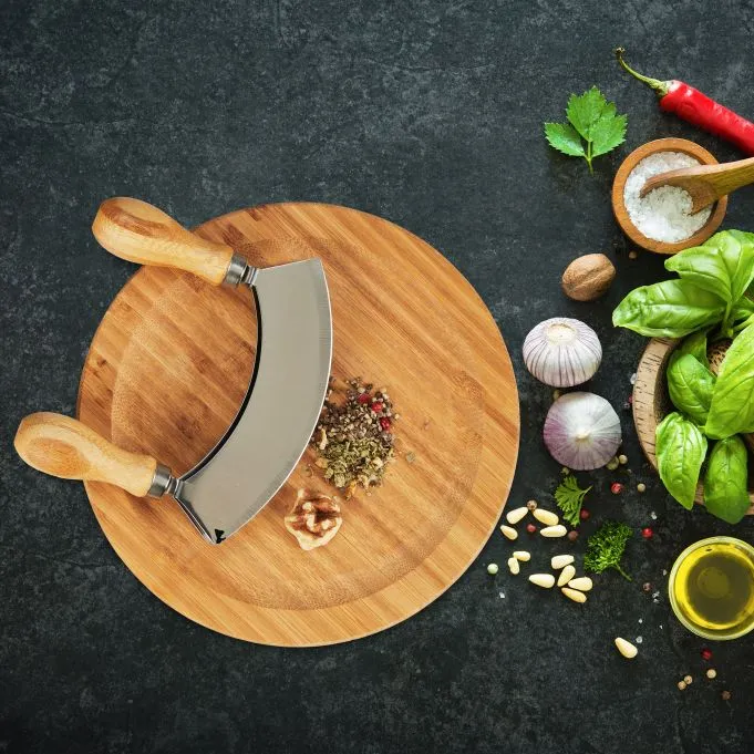 Half Moon Knife and 20 Cm Bamboo Wood Board with Double Blade Steel Herb Chopper