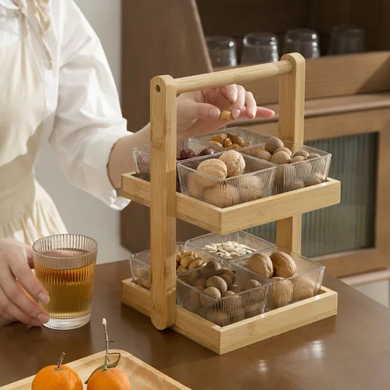 2-Layer Bamboo Dessert Fruit Tray with Handle and 8 PCS Glass Bowls for Restaurant