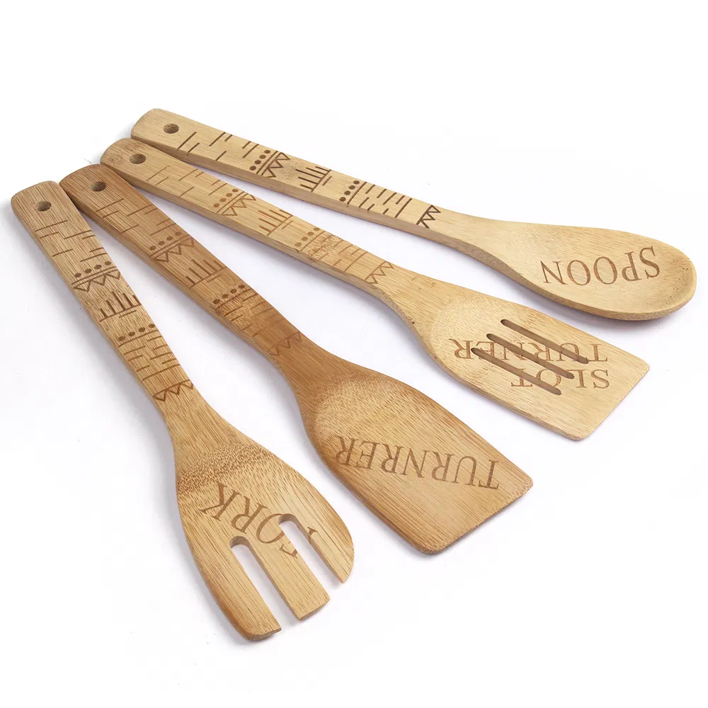 Custom Lasered Bamboo Slotted Spoon and Spatula for Kitchen
