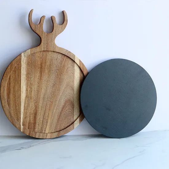Christmas Round Acacia Wood and Slate Cheese Board