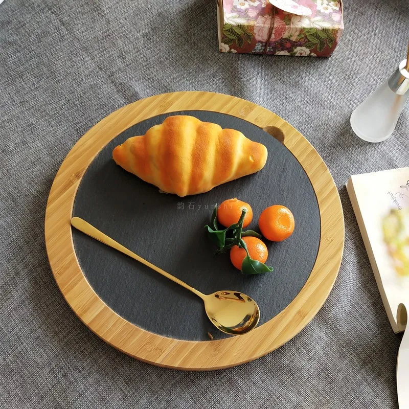 Round Bamboo and Slate Cheese Board and Knife Set