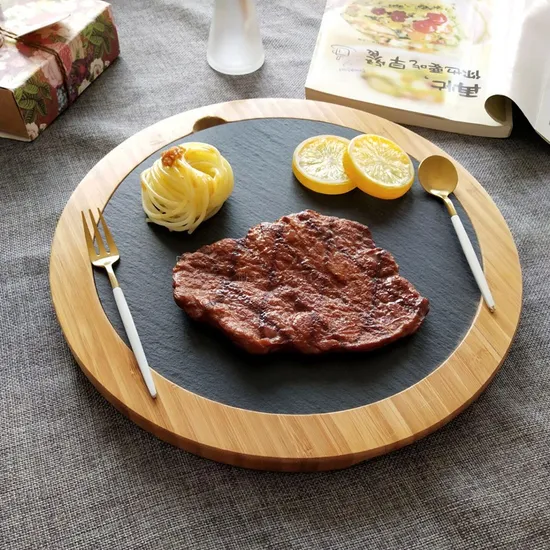 Round Bamboo and Slate Cheese Board and Knife Set