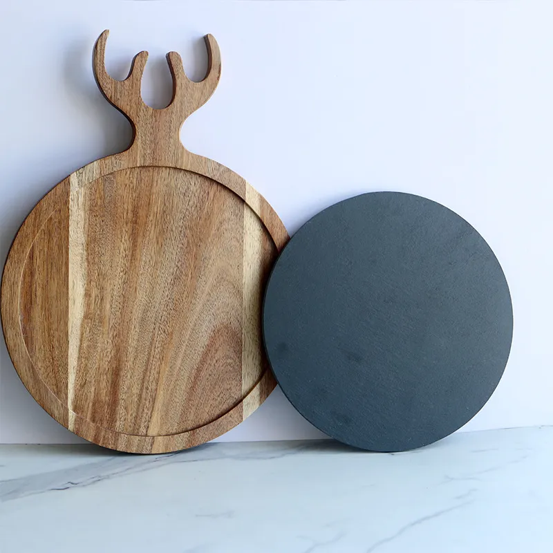 Christmas Round Acacia Wood and Slate Cheese Board