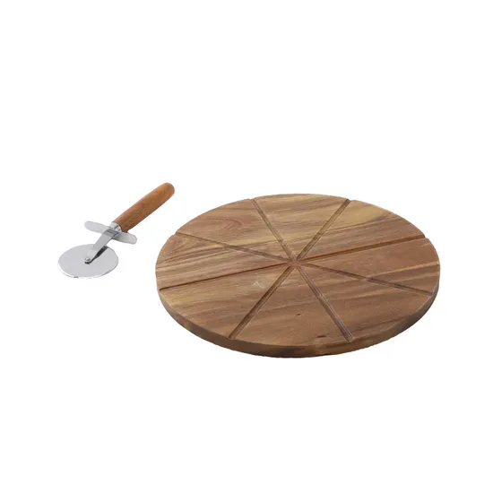 Round Wood Pizza Cutting Board with knives