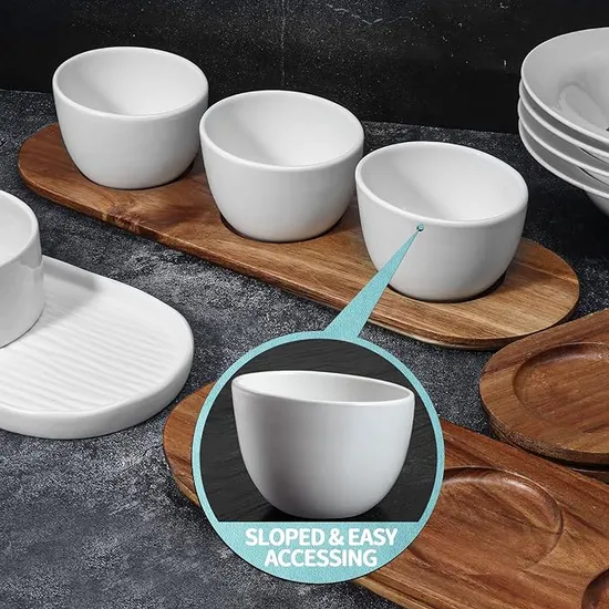 Acacia Wooden Tray with 3 White Ceramic Soup Bowls in a Chip and DIP Set