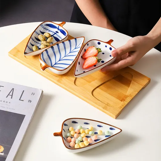 Bamboo Serving Platter with 2 Leaf Shape Ceramic Snack Plates