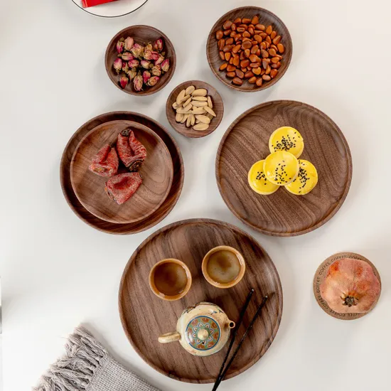 Rustic Black Walnut Round Wood Serving Plate Sets for Sushi / Snack / Dessert