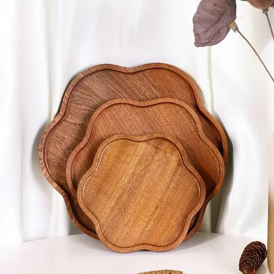 8 - Inch Petal - Shaped Ebony Wooden Dinner, Fruit, Bread, Dessert Plates Set