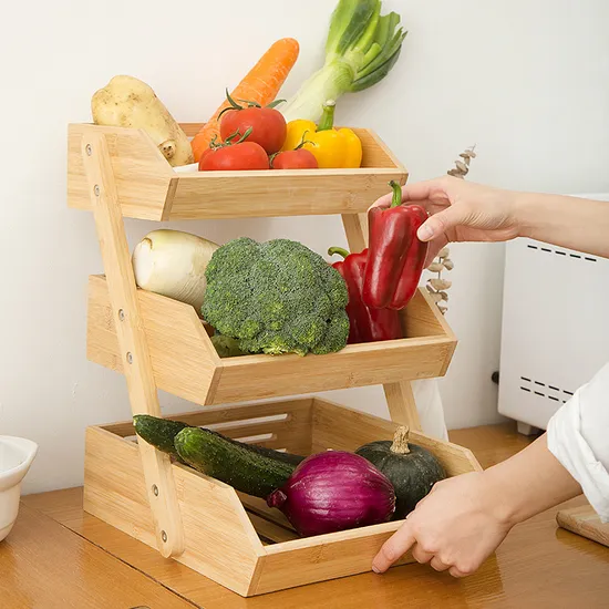 Large 3 - Tier Bamboo Kitchen Fruit Basket Organizer Storage Rack