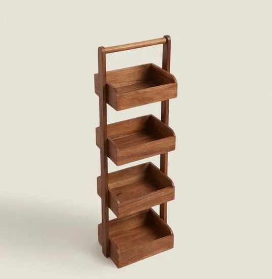 Versatile 4-Tier Floor Standing Acacia Wood Storage Rack for Bathroom and Living Room
