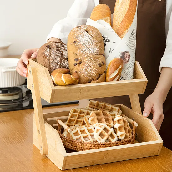 2 - Tier Bamboo Countertop Storage Basket for Fruits, Vegetables and Cakes