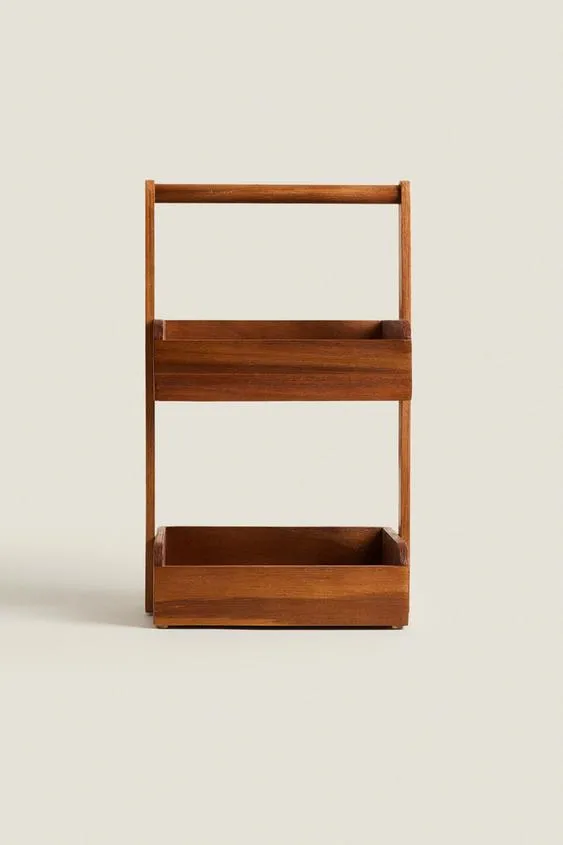 2 Tier Floor Standing Acacia Wood Storage Shelf Shower Organizer Rack with Handle