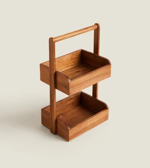 2 Tier Floor Standing Acacia Wood Storage Shelf Shower Organizer Rack with Handle