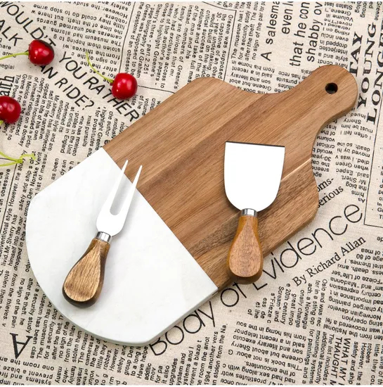 Marble and Acacia Wood Cheese Board Charcuterie Chopping Board with Handle