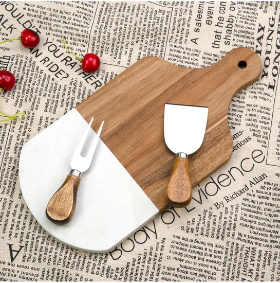 Marble and Acacia Wood Cheese Board Charcuterie Chopping Board with Handle