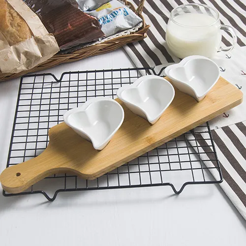Creative Ceramic Compartment DIP Bowl with Bamboo Serving Platter