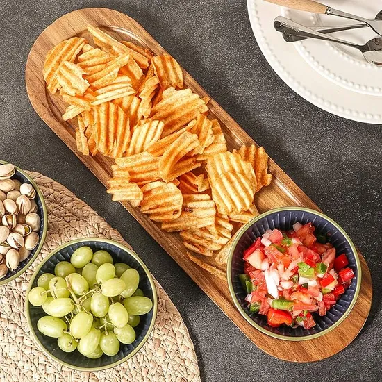 Acacia Wooden Tray with 3 Different - Color Ceramic Serving Bowls for Chip and DIP Set