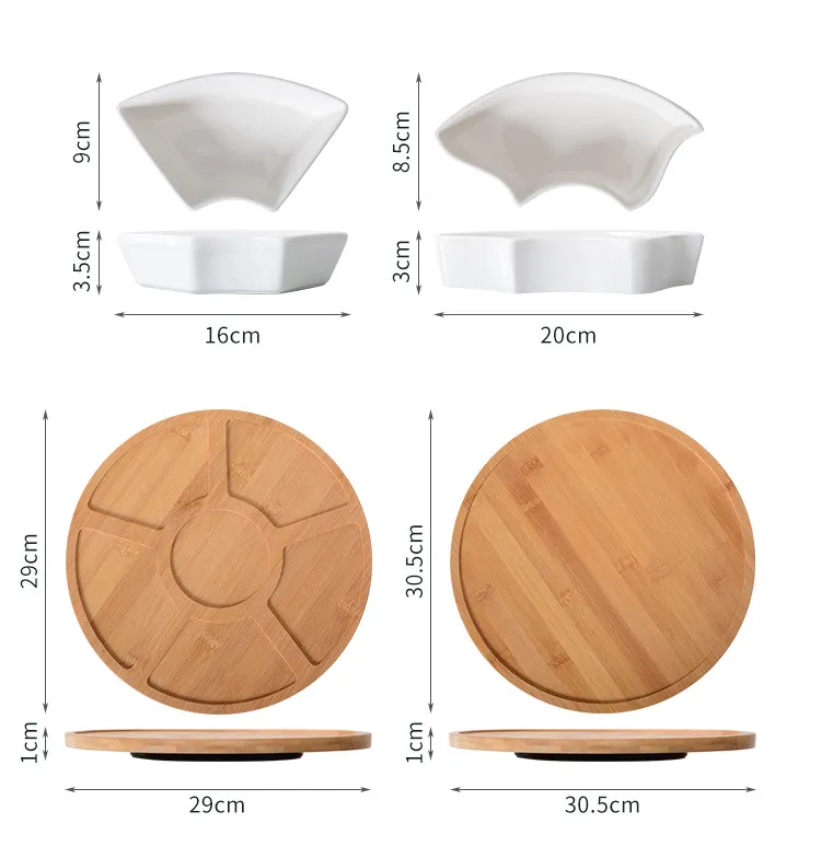 Rotating Ceramic Divided Serving Dish Bamboo Lazy Susan for Restaurant Fruit Appetizers