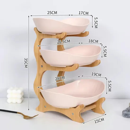 3 - Tier Household Ceramic Fruit Plate Bowl with Bamboo Wooden Storage Shelf