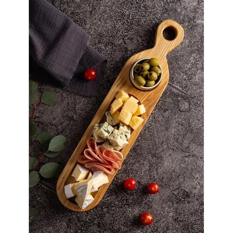 Long Bamboo Serving Tray Wooden Platter with Ceramic Sauce Dish