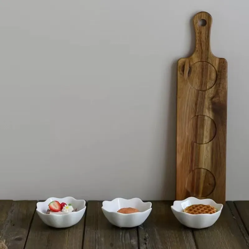 Long Acacia Wood Serving Platter with 3 Sauce Snack Dish