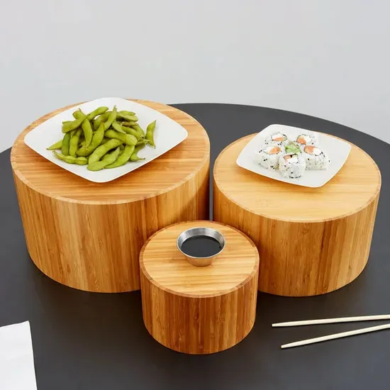 3 Piece Round Bamboo Food Display Riser Set Salad Bowl Set