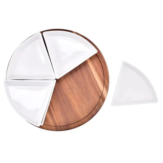 Turntable Acacia Wood Lazy Susan Serving Tray for Table Top with Multiple Porcelain Dishes